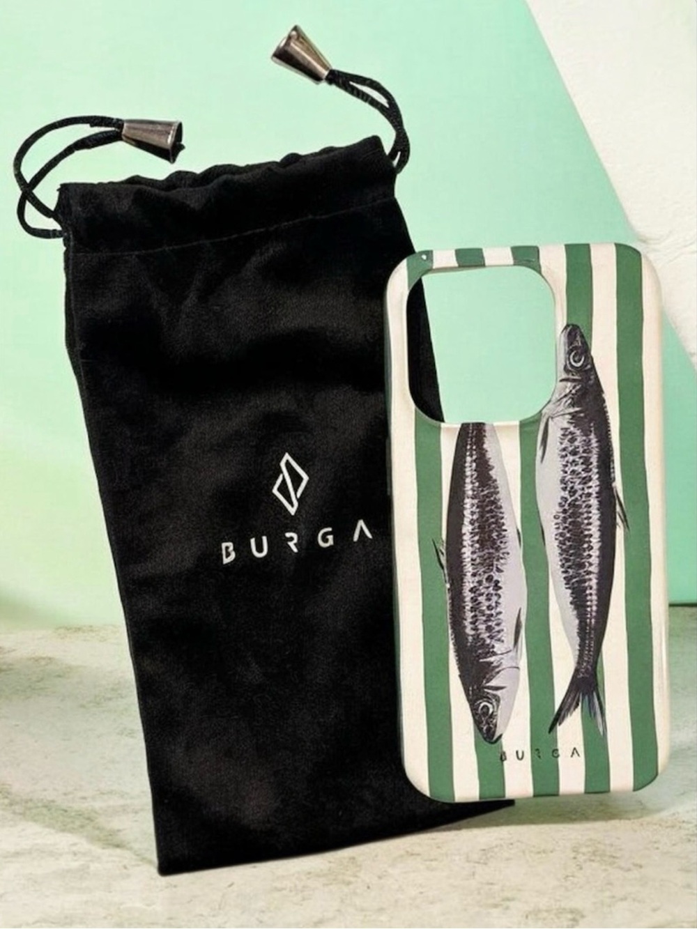 BURGA Sardinhas Tough iPhone 15 Pro Case Green Cream Stripe Fish Graphic Bag